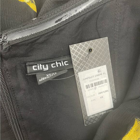CITY CHIC Jumpsuit SZ 14 Black White Yellow Crepe Floral Print Off The Shoulder - Picture 4 of 13